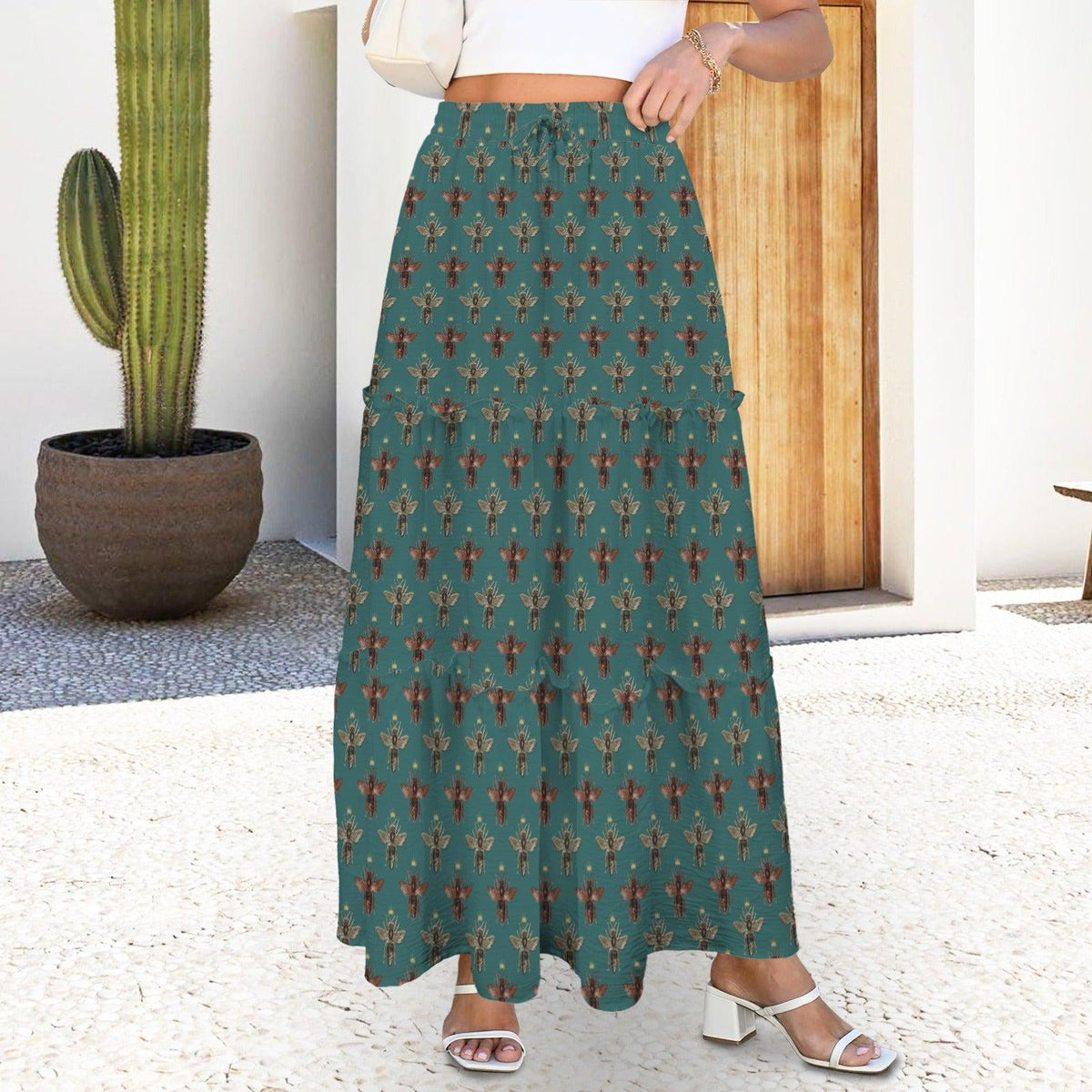Tiny Floral Sprig Maxi Skirt, Teal Vintage Botanical Tiered Skirt