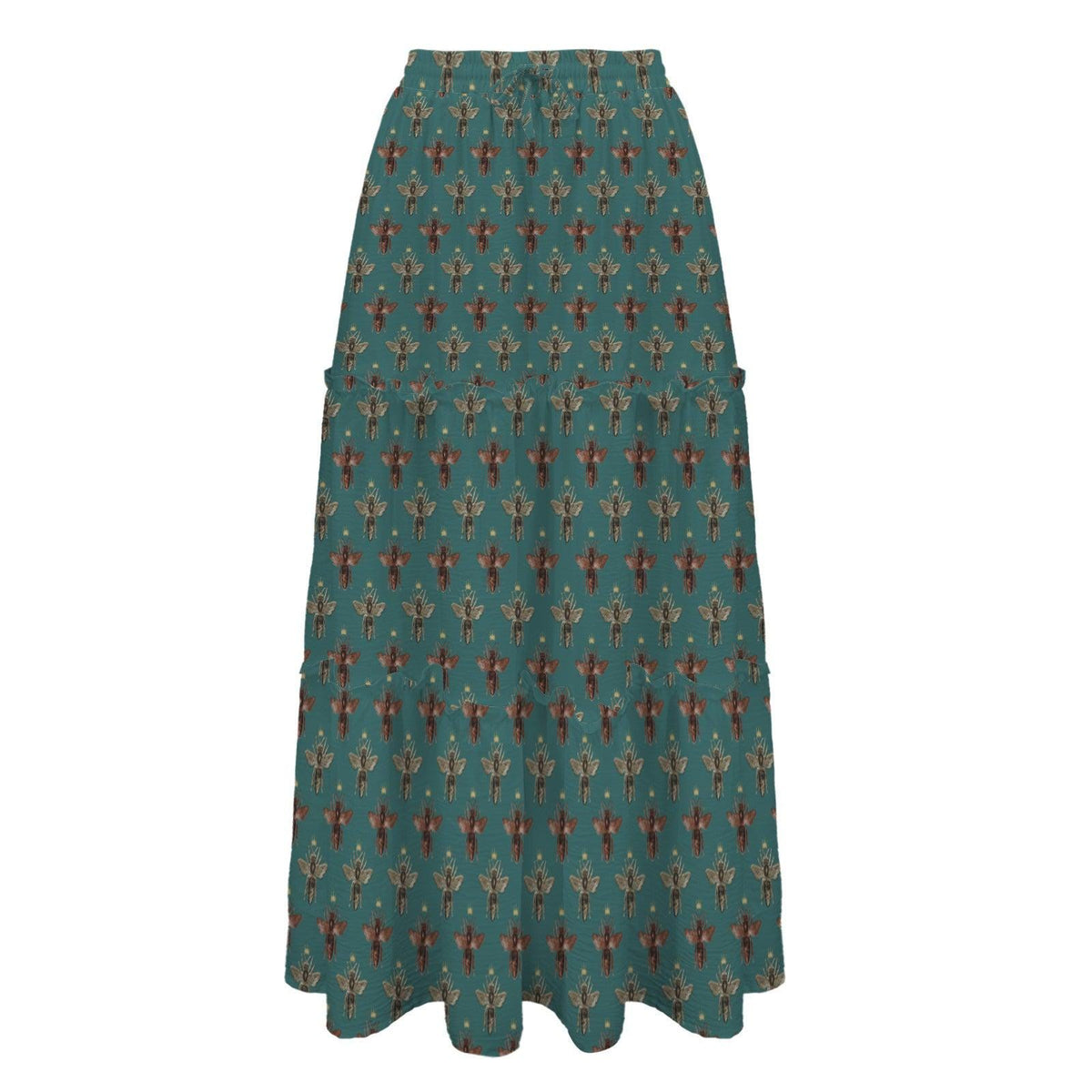 Tiny Floral Sprig Maxi Skirt, Teal Vintage Botanical Tiered Skirt