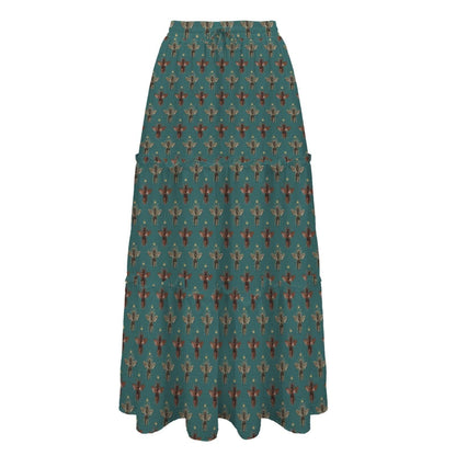 Tiny Floral Sprig Maxi Skirt, Teal Vintage Botanical Tiered Skirt