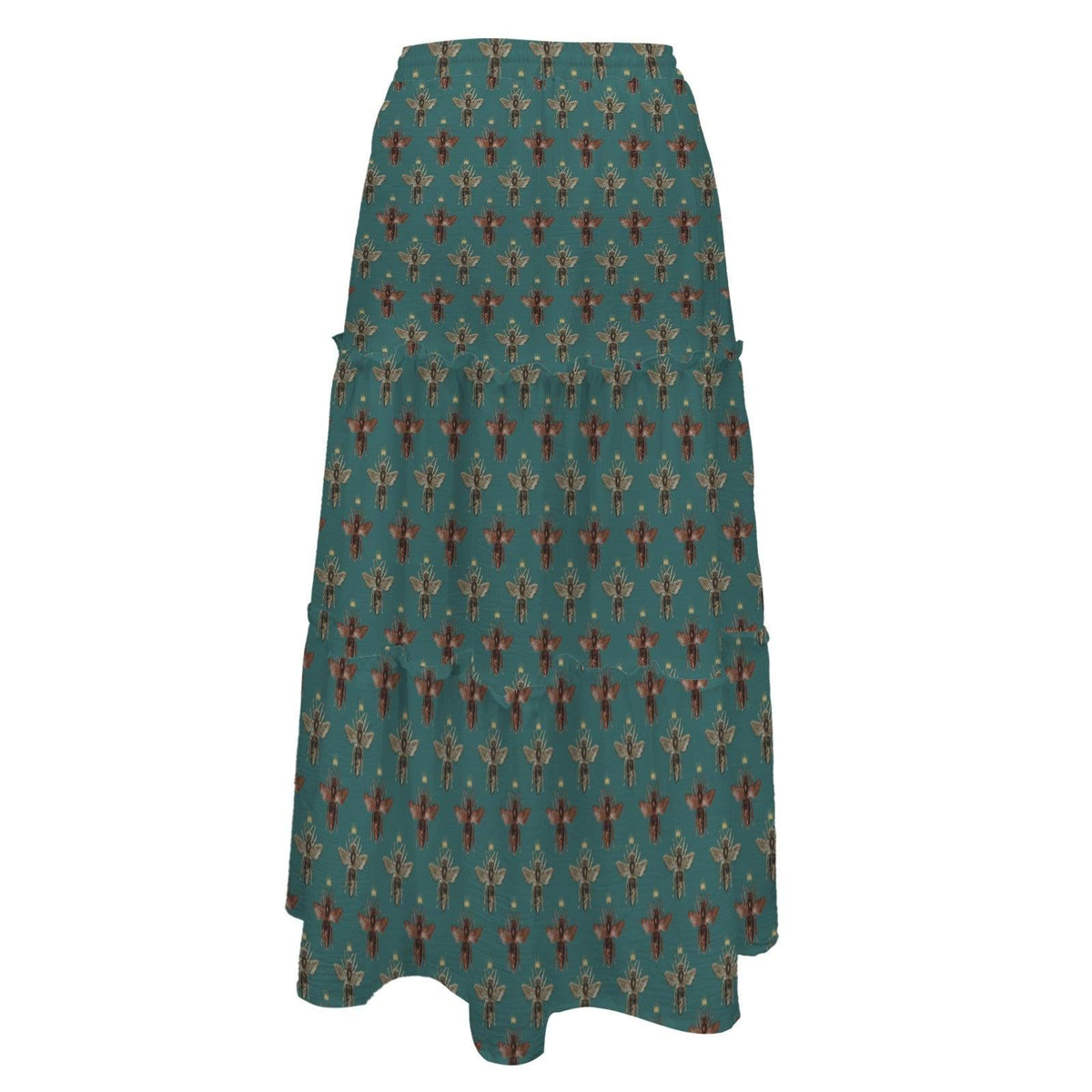 Tiny Floral Sprig Maxi Skirt, Teal Vintage Botanical Tiered Skirt