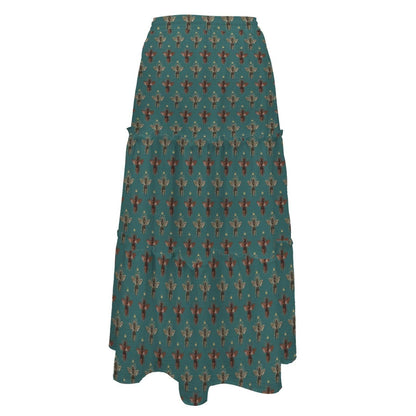 Tiny Floral Sprig Maxi Skirt, Teal Vintage Botanical Tiered Skirt