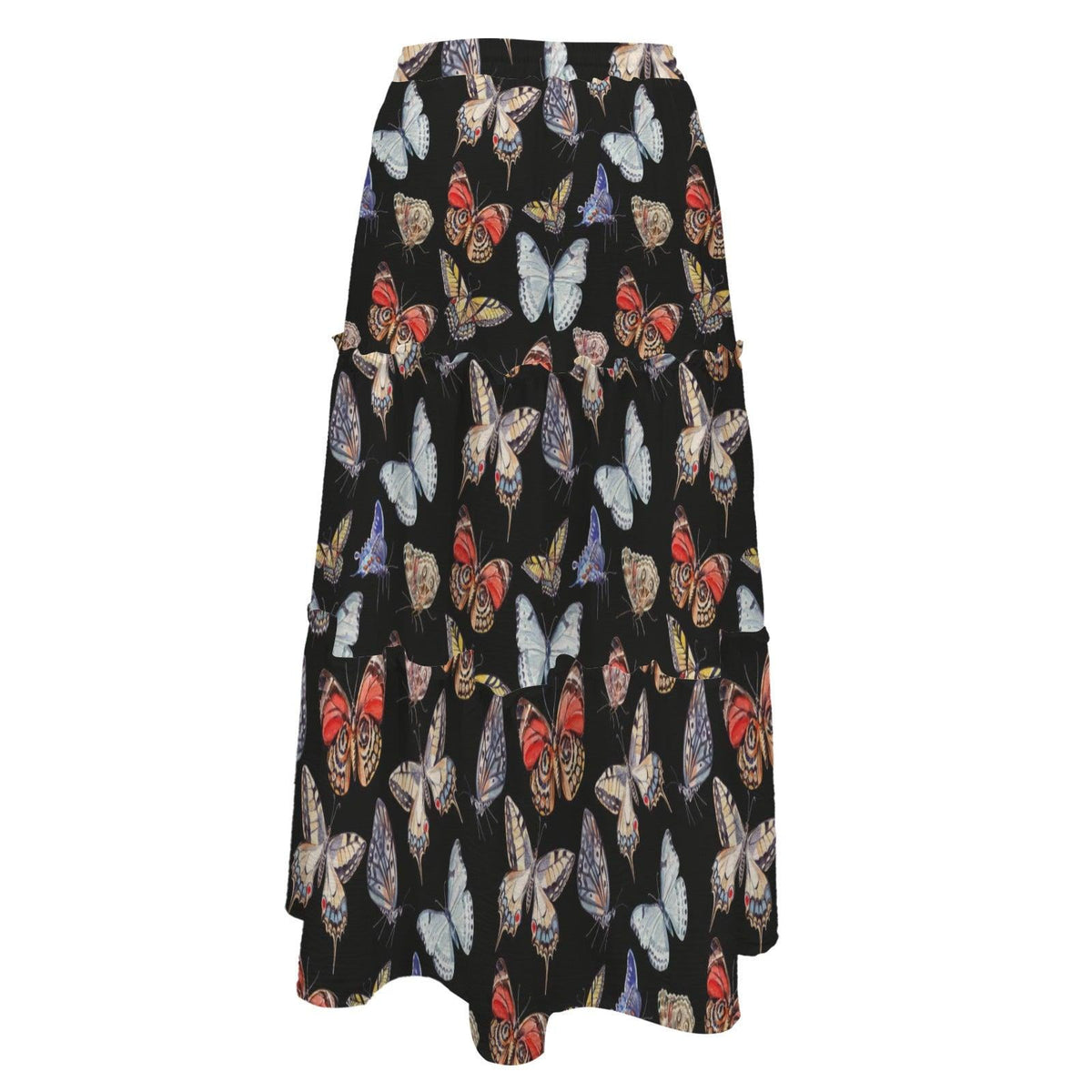 Butterfly and Moth Maxi Skirt, Black Multicolor Winged Insect Print