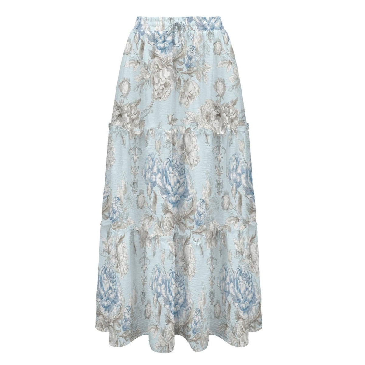 Vintage Blue Rose Tiered Maxi Skirt, Cottagecore Floral Print, Soft Stretch Fabric