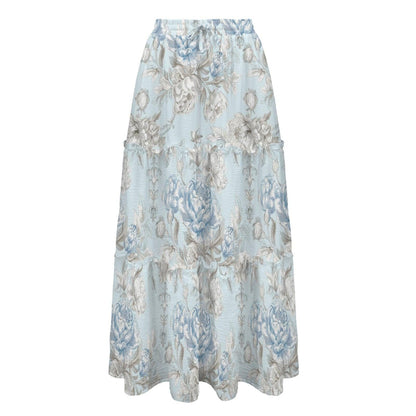 Vintage Blue Rose Tiered Maxi Skirt, Cottagecore Floral Print, Soft Stretch Fabric