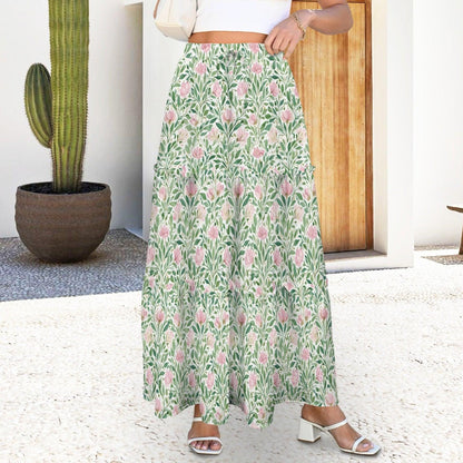 Pink Cottage Garden Maxi Skirt, Sage Green Tiered Floral Skirt