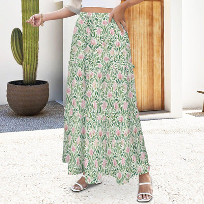 Pink Cottage Garden Maxi Skirt, Sage Green Tiered Floral Skirt