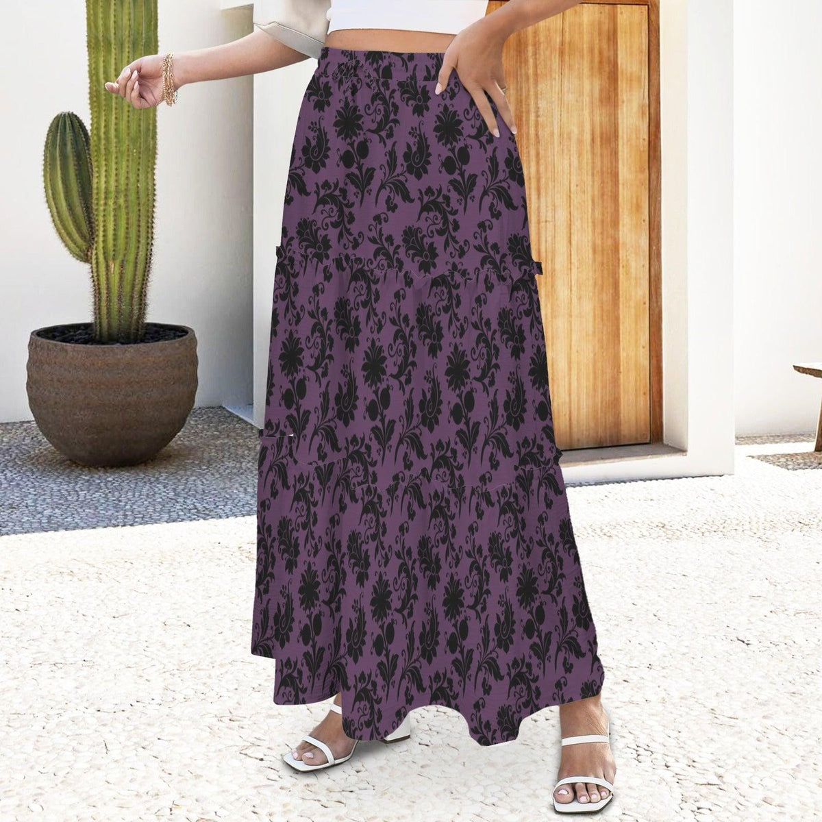 Gothic Floral Maxi Skirt, Purple and Black Botanical Tiered Pattern