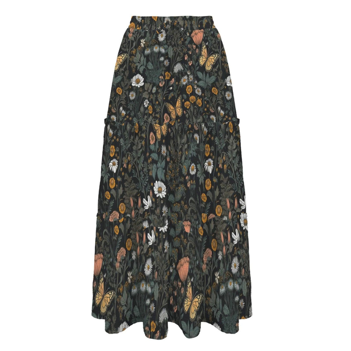 Butterfly and Wildflower Maxi Skirt, Dark Woodland Tiered Floral Design
