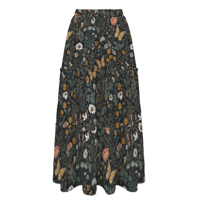 Butterfly and Wildflower Maxi Skirt, Dark Woodland Tiered Floral Design