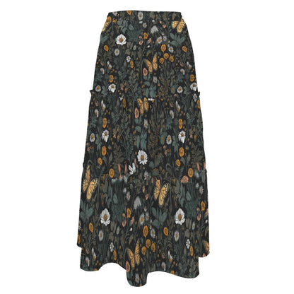Butterfly and Wildflower Maxi Skirt, Dark Woodland Tiered Floral Design
