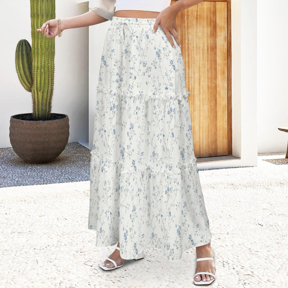 Delicate Blue Floral Maxi Skirt, Ivory Ditsy Wildflower Design