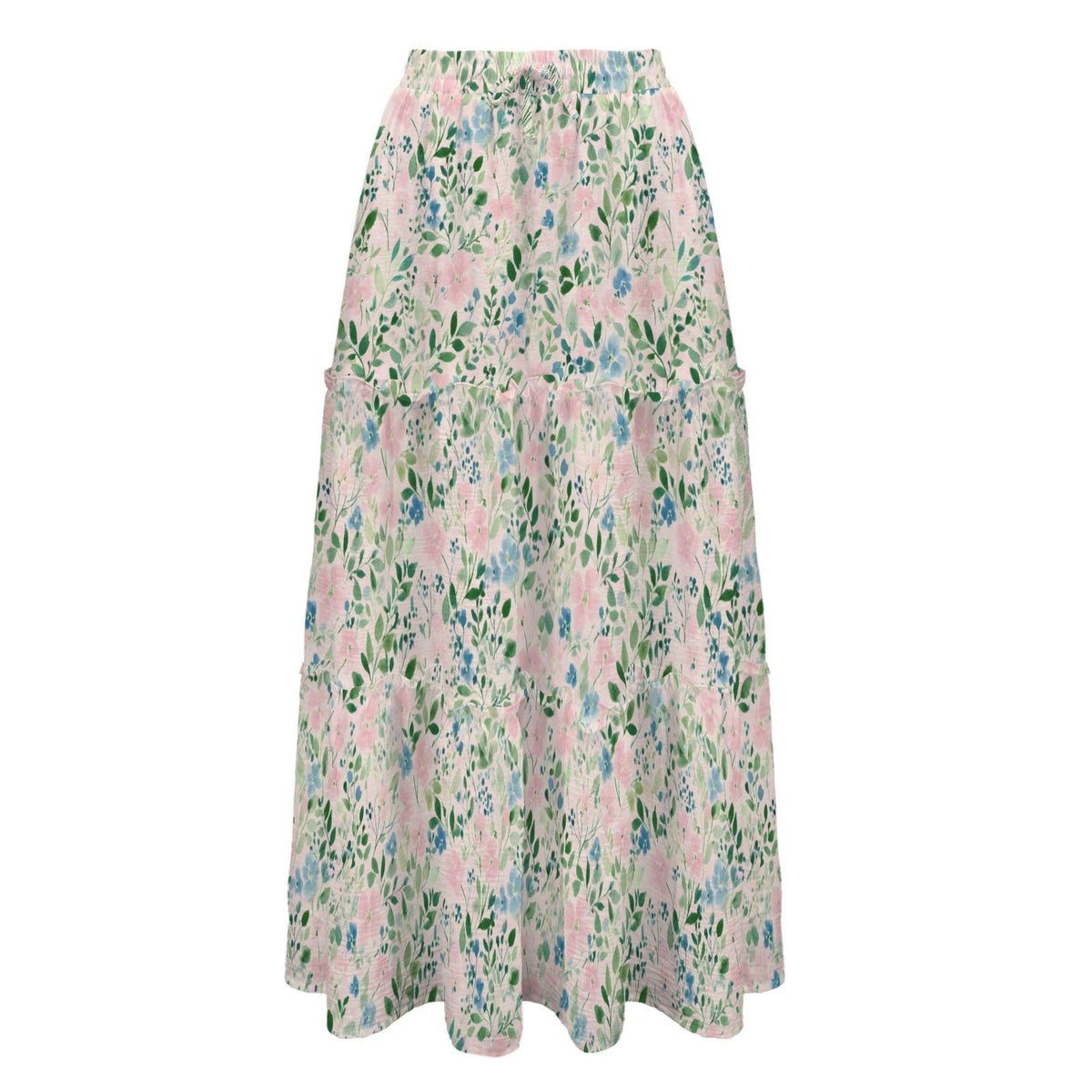 Cottage Garden Floral Maxi Skirt, Pale Green Pink Botanical Tiered Skirt
