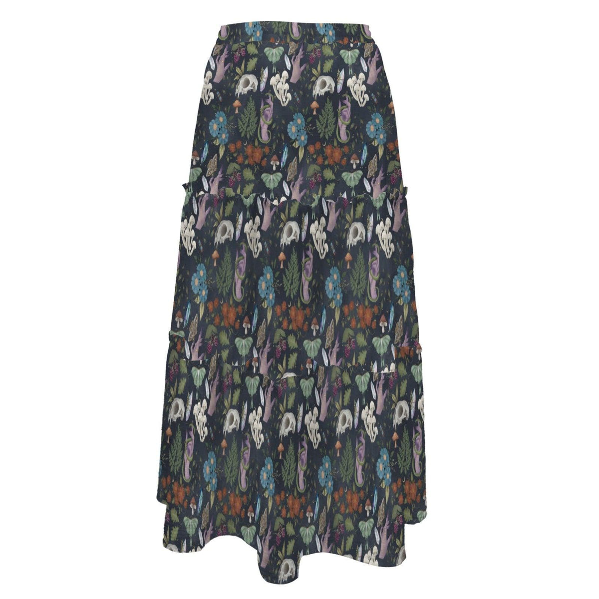 Alice in Wonderland Maxi Skirt: White Rabbit, Mushrooms, Fantasy Print (95% Polyester)