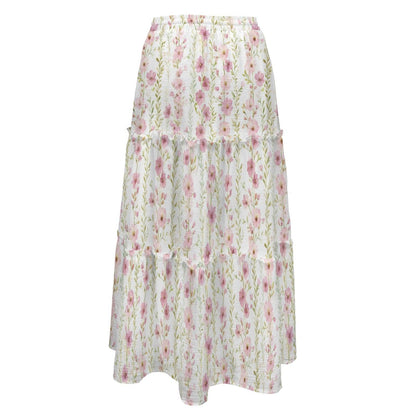 Ditsy Wildflower Maxi Skirt, Ivory Cottage Garden Tiered Skirt