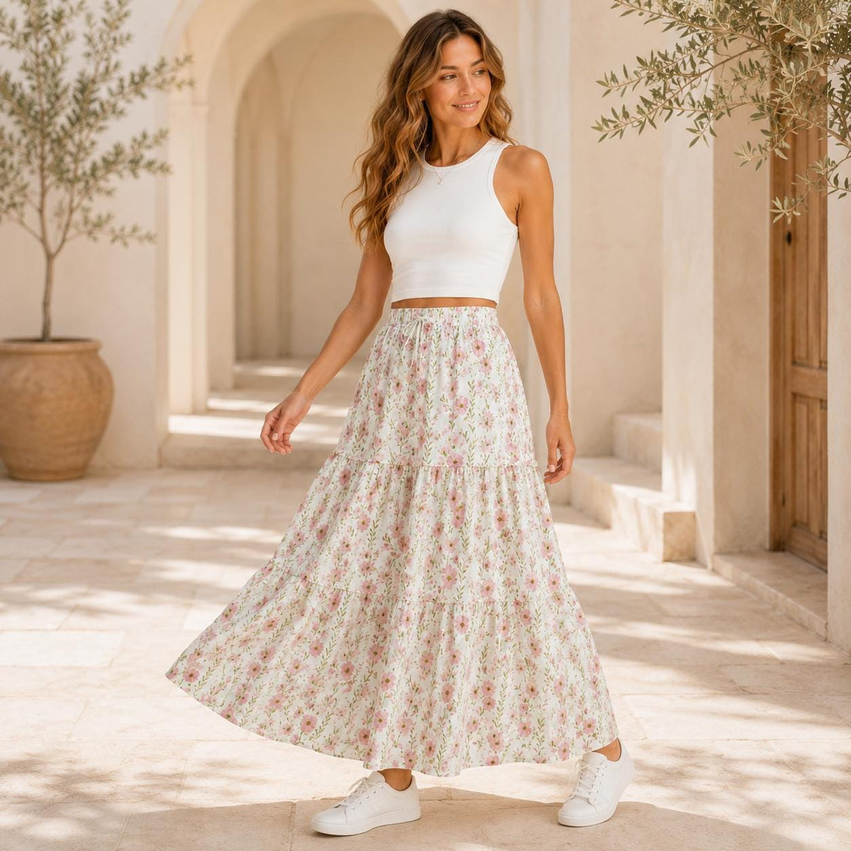 Ditsy Wildflower Maxi Skirt, Ivory Cottage Garden Tiered Skirt