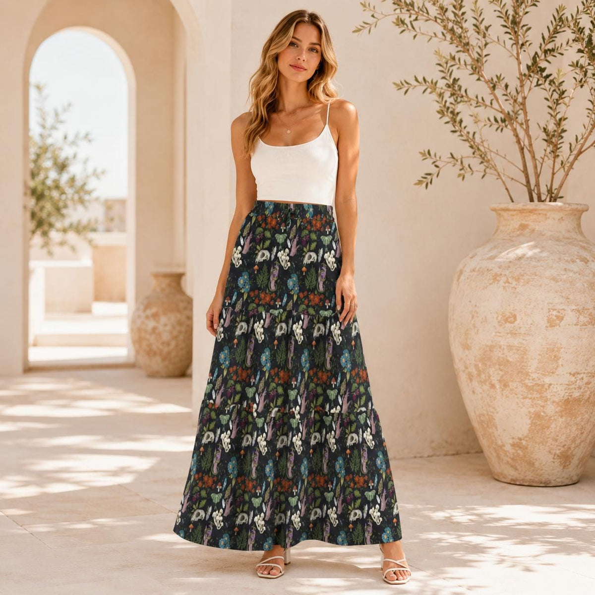 Alice in Wonderland Maxi Skirt: White Rabbit, Mushrooms, Fantasy Print (95% Polyester)