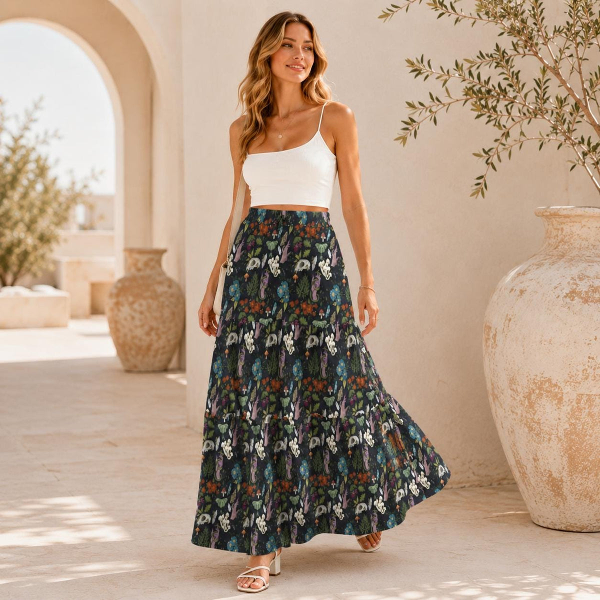 Alice in Wonderland Maxi Skirt: White Rabbit, Mushrooms, Fantasy Print (95% Polyester)