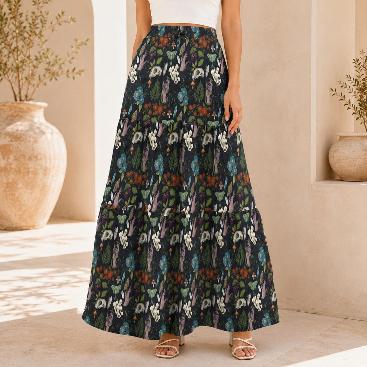 Alice in Wonderland Maxi Skirt: White Rabbit, Mushrooms, Fantasy Print (95% Polyester)