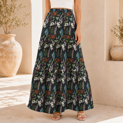 Alice in Wonderland Maxi Skirt: White Rabbit, Mushrooms, Fantasy Print (95% Polyester)