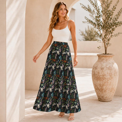 Alice in Wonderland Maxi Skirt: White Rabbit, Mushrooms, Fantasy Print (95% Polyester)