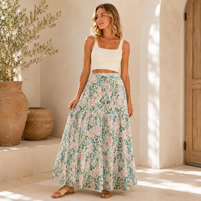 Cottage Garden Floral Maxi Skirt, Pale Green Pink Botanical Tiered Skirt