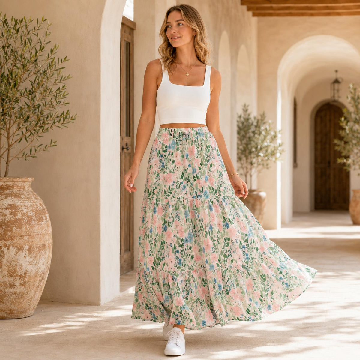 Cottage Garden Floral Maxi Skirt, Pale Green Pink Botanical Tiered Skirt