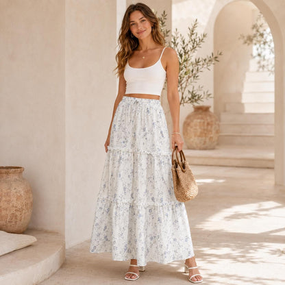 Delicate Blue Floral Maxi Skirt, Ivory Ditsy Wildflower Design