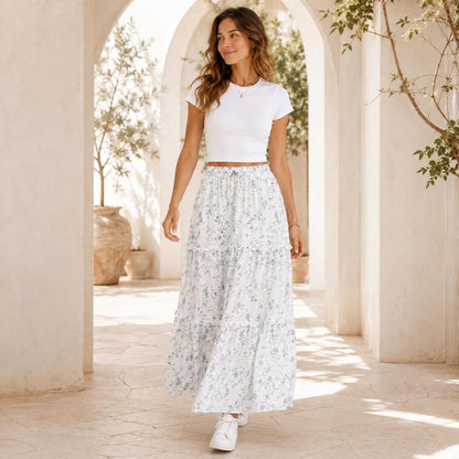 Delicate Blue Floral Maxi Skirt, Ivory Ditsy Wildflower Design