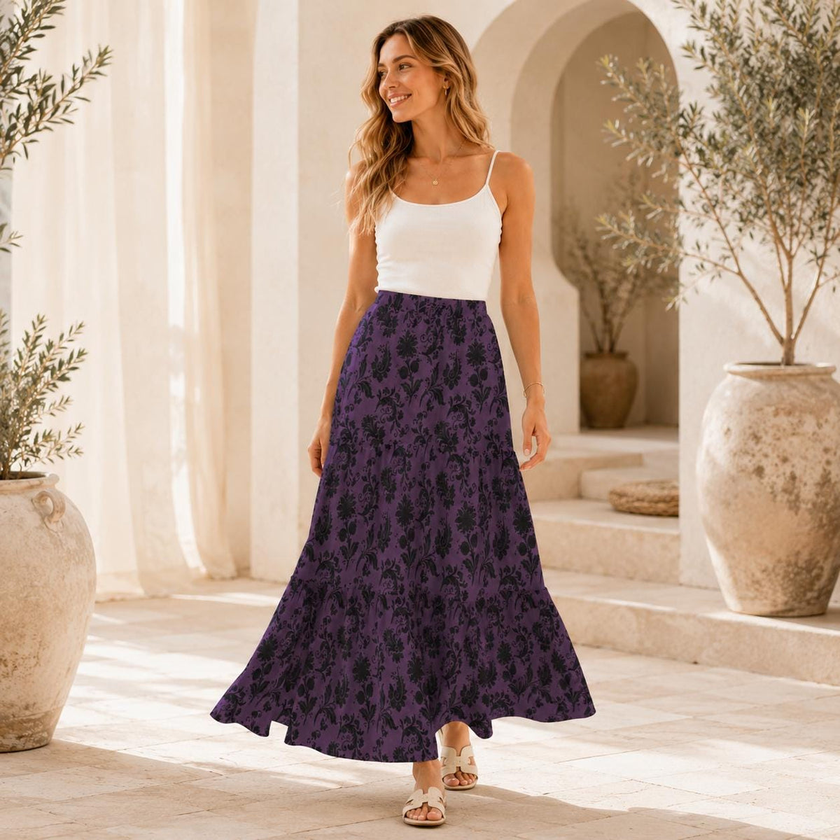 Gothic Floral Maxi Skirt, Purple and Black Botanical Tiered Pattern