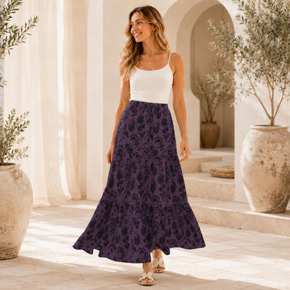 Gothic Floral Maxi Skirt, Purple and Black Botanical Tiered Pattern