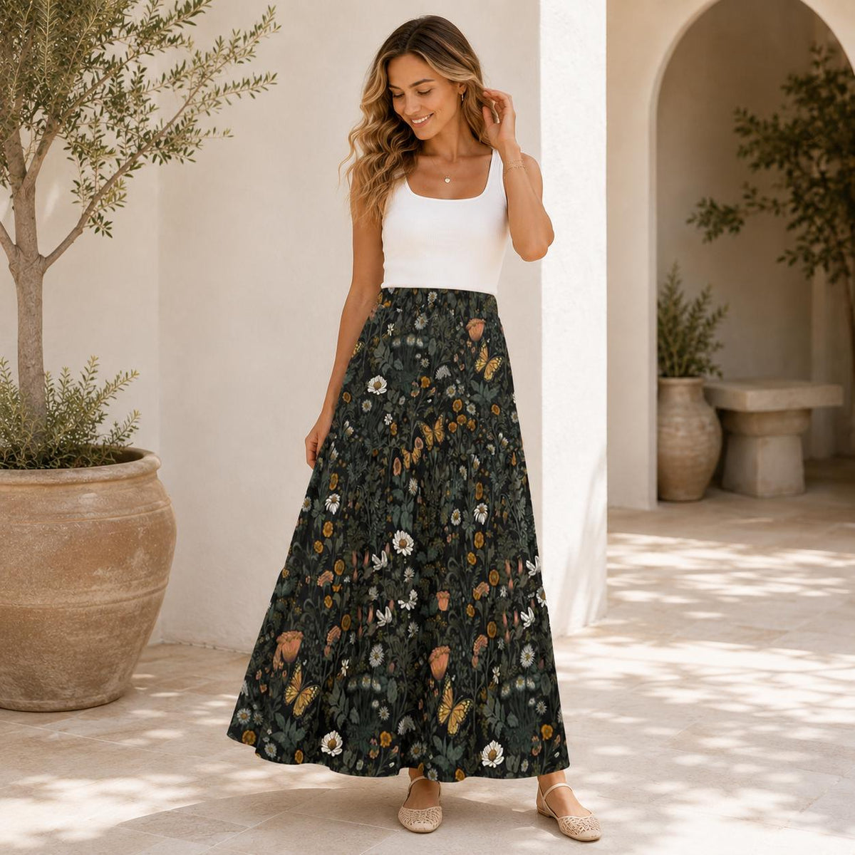 Butterfly and Wildflower Maxi Skirt, Dark Woodland Tiered Floral Design