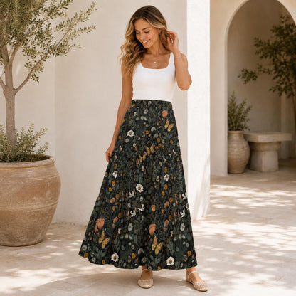 Butterfly and Wildflower Maxi Skirt, Dark Woodland Tiered Floral Design