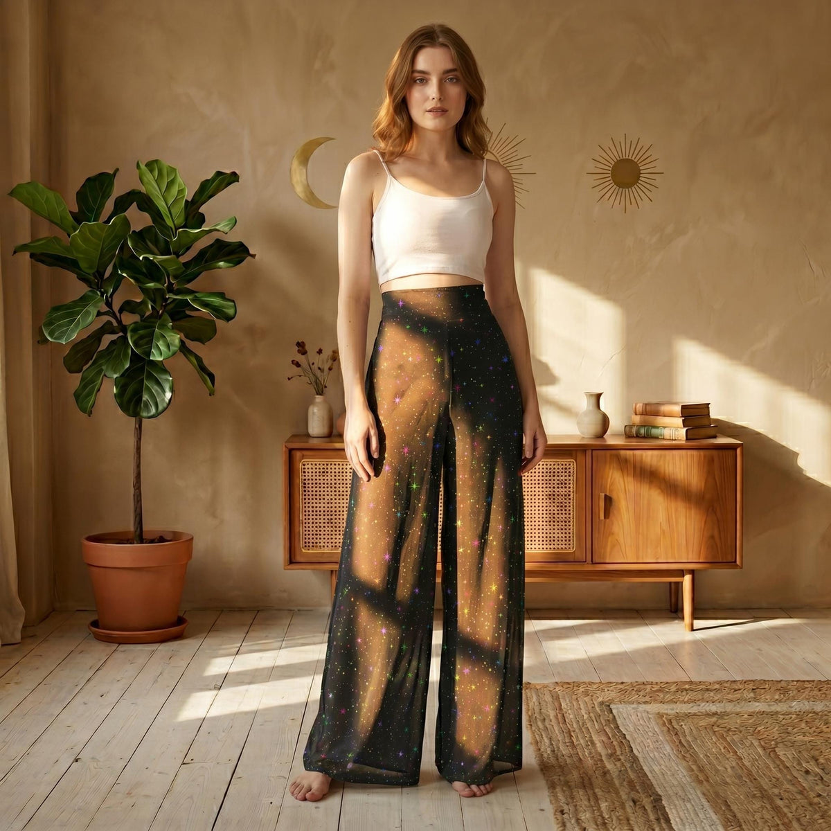 Celestial Star Wide Leg Pants, High Waist Cosmic Galaxy Trousers