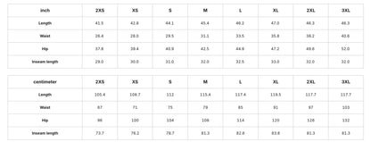 a table with various measurements and sizes for different clothing items, such as waist, hip, and insseam lengths. The table provides the corresponding sizes for each item, including 2XS, XS, S, M, L, XL, and ZL. The table is organized in a grid format, with the items listed on the left side and the corresponding measurements on the right side. The image does not contain any text that can be transcribed, and the image is described in terms of its content without providing specific details.