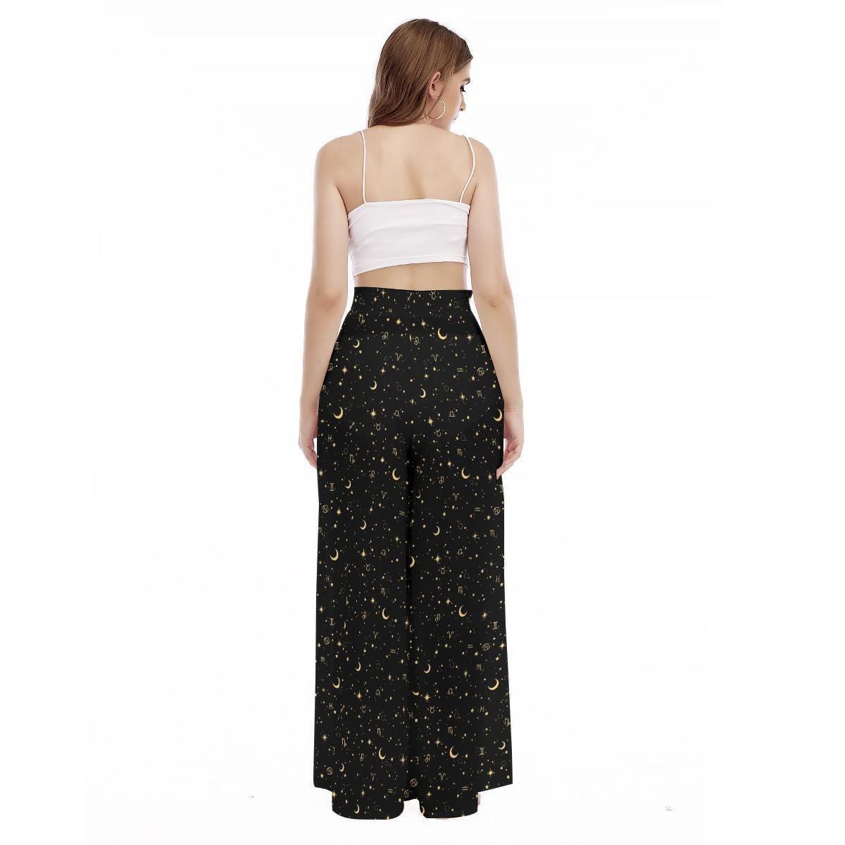 Celestial Zodiac Pants, Moon Star Wide Leg Trousers, Astrology Loungewear