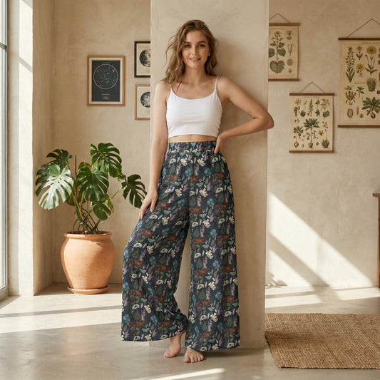 A woman in a white crop top and patterned wide-leg pants stands in a room with a potted plant and framed botanical illustrations on the walls.
