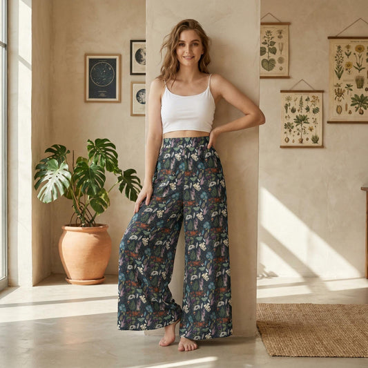A woman in a white crop top and patterned wide-leg pants stands in a room with a potted plant and framed botanical illustrations on the walls.