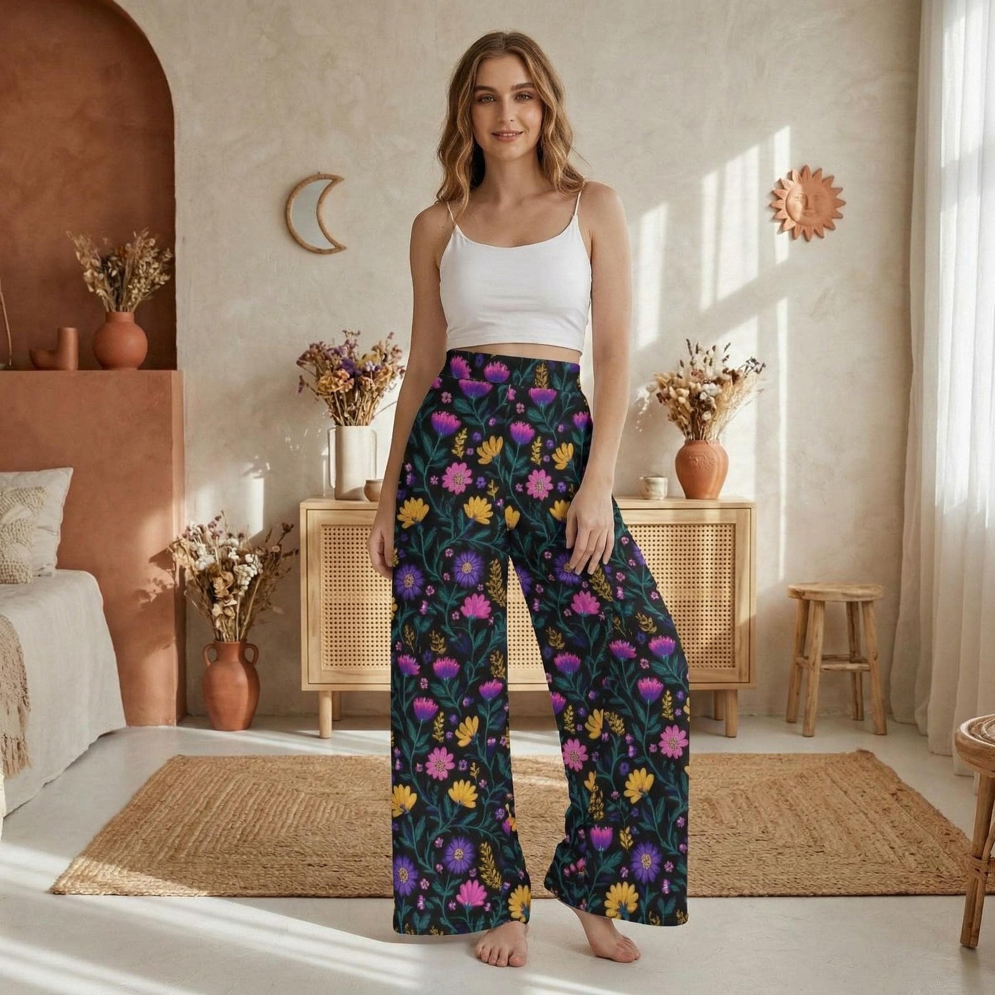 A woman wearing a white crop top and colorful floral pants stands in a room with a wooden dresser, vases of flowers, and a crescent moon decoration on the wall.