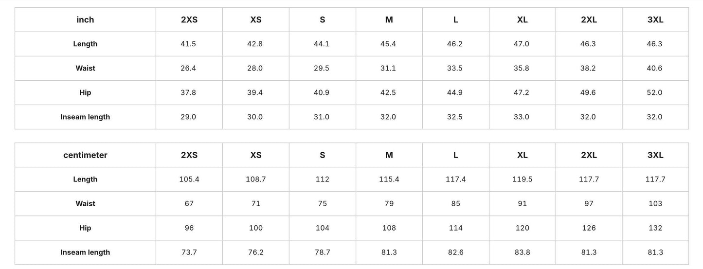 a table with various measurements and sizes for different clothing items, such as waist, hip, and insseam lengths. The table provides the corresponding sizes for each item, including 2XS, XS, S, M, L, XL, and ZL. The table is organized in a grid format, with the items listed on the left side and the corresponding measurements on the right side. The image does not contain any text that can be transcribed, and the image is described in terms of its content without providing specific details.