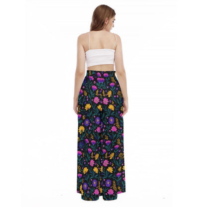 Floral Wide Leg Pants, Folk Art Botanical High Waist Trousers