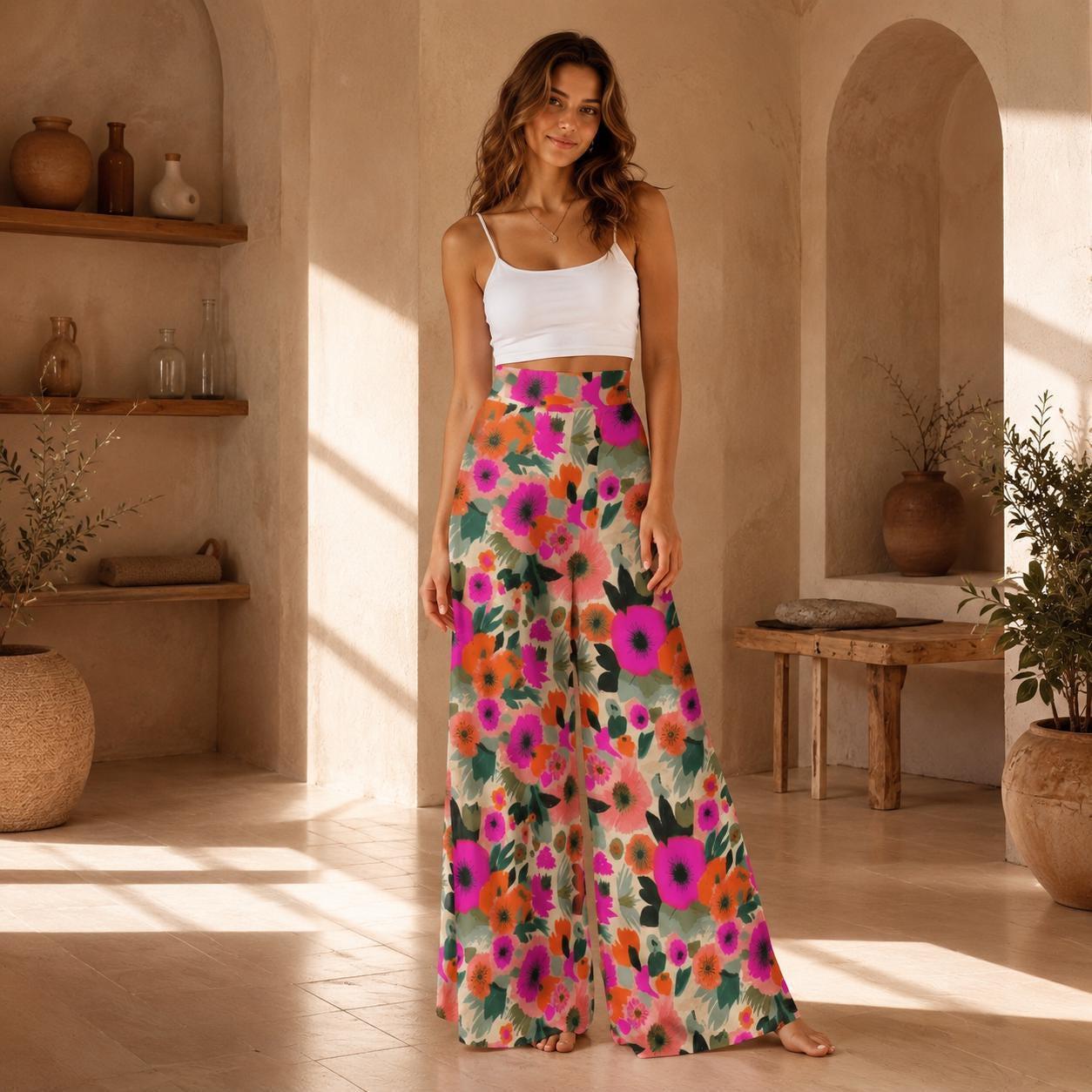 Bold Floral Wide Leg Pants, High Waisted Boho Vacation Trousers