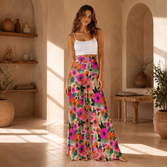 Bold Floral Wide Leg Pants, High Waisted Boho Vacation Trousers