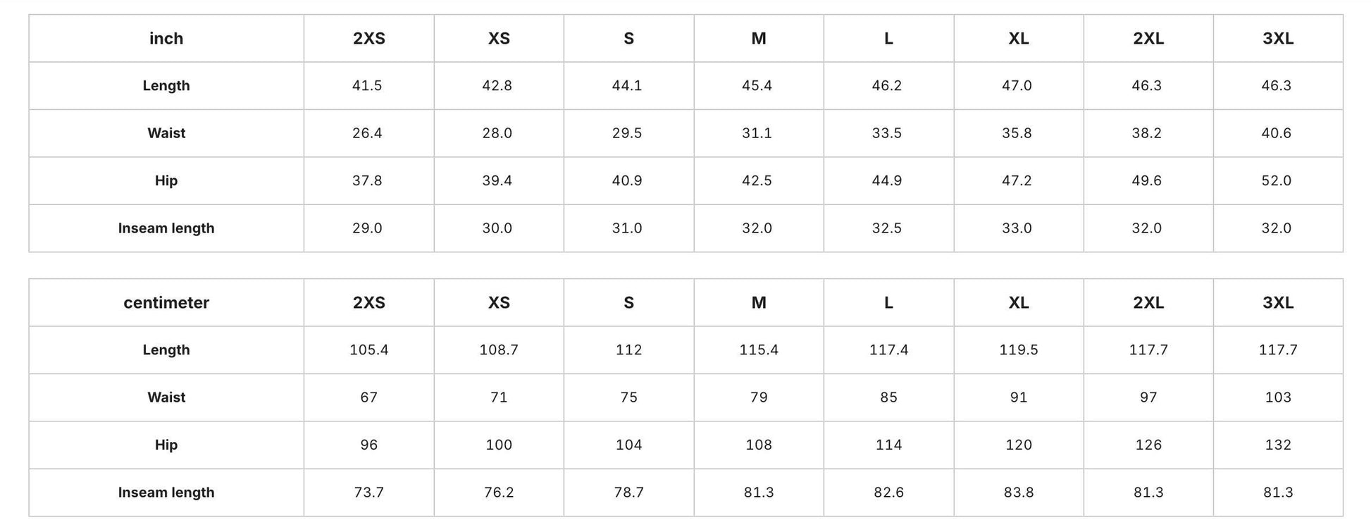 a table with various measurements and sizes for different clothing items, such as waist, hip, and insseam lengths. The table provides the corresponding sizes for each item, including 2XS, XS, S, M, L, XL, and ZL. The table is organized in a grid format, with the items listed on the left side and the corresponding measurements on the right side. The image does not contain any text that can be transcribed, and the image is described in terms of its content without providing specific details.