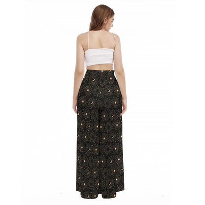 Women's Moon Phase Wide Leg Pants, Astrology Night Sky Trousers, Gold Star Print