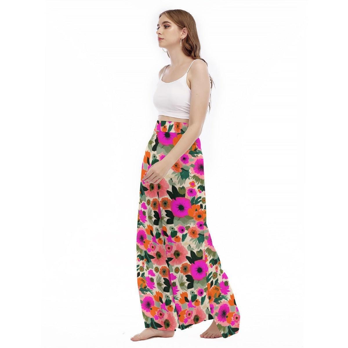 Bold Floral Wide Leg Pants, High Waisted Boho Vacation Trousers
