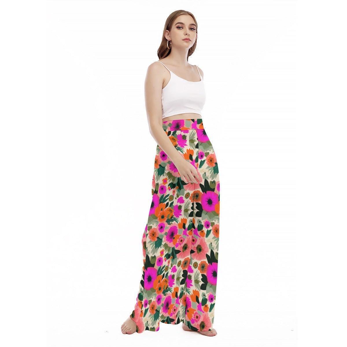 Bold Floral Wide Leg Pants, High Waisted Boho Vacation Trousers
