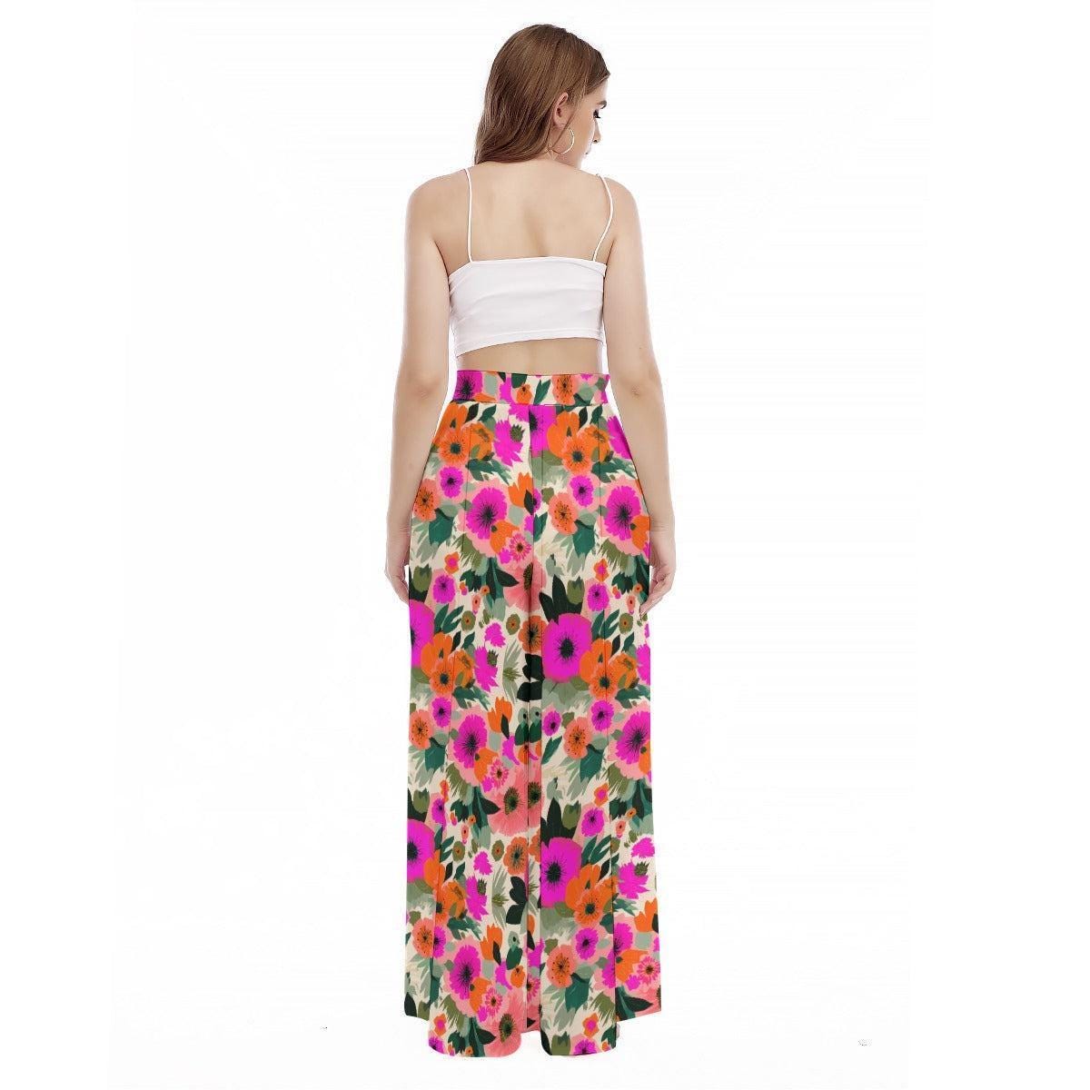 Bold Floral Wide Leg Pants, High Waisted Boho Vacation Trousers