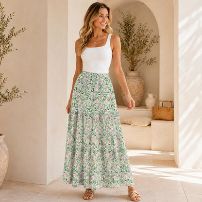 Pink Cottage Garden Maxi Skirt, Sage Green Tiered Floral Skirt