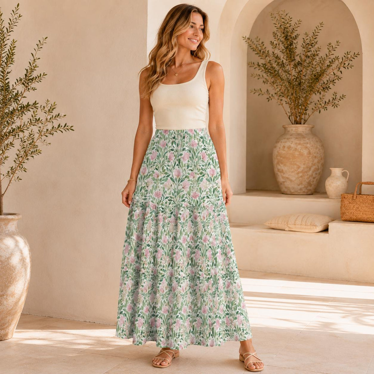 Pink Cottage Garden Maxi Skirt, Sage Green Tiered Floral Skirt