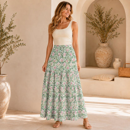 Pink Cottage Garden Maxi Skirt, Sage Green Tiered Floral Skirt